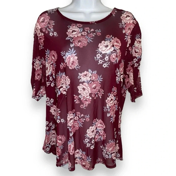 Burgundy Floral Print Mesh Blouse 3X (XXXL) Women’s Top- No Boundaries - Picture 6 of 9